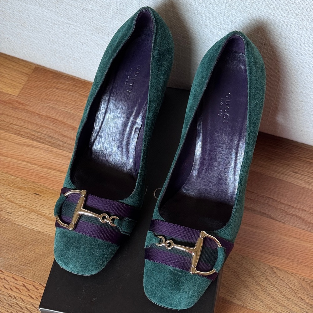 GUCCI Green Suede Vintage Web‎ Horsebit Pumps Size 9 1/2 - Picture 4 of 6